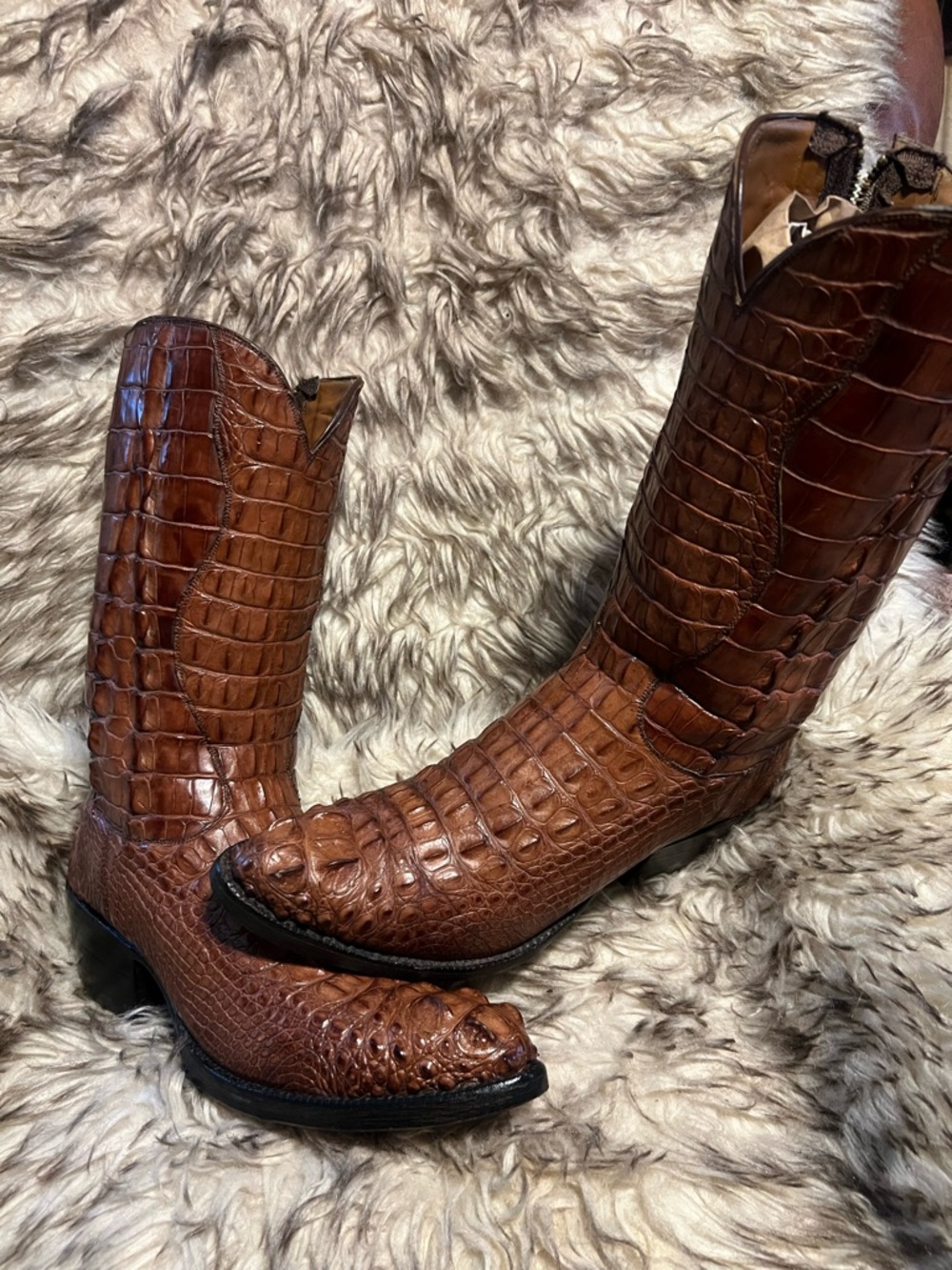 LUCCHESE MEN TOP QUALITY FULL CAIMAN GATOR Brown Western Boots-zip up-Sz 10 D